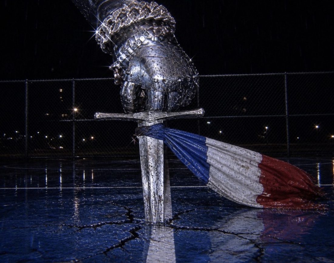AI-generated image: an armored gauntlet planting a sword wrapped in a French flag on a rainy court at night